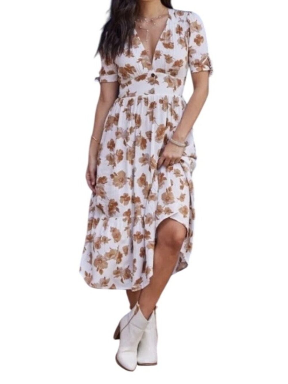 Altard State Floral Print White & Rust Midi Dress Puff Sleeves & Button Medium